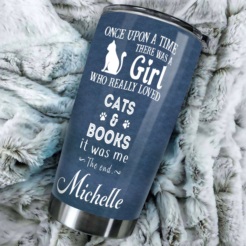 Camellia Personalized Sleeping Cat Once Upon A Time There Was A Girl Who Really Loved Book And Cat Stainless Steel Tumbler - Double-Walled Insulation Vacumm Flask - Gift For Book Lovers, Nerd, Cat Lovers
