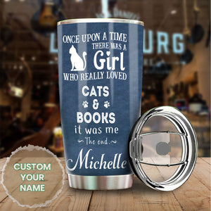 Camellia Personalized Sleeping Cat Once Upon A Time There Was A Girl Who Really Loved Book And Cat Stainless Steel Tumbler - Double-Walled Insulation Vacumm Flask - Gift For Book Lovers, Nerd, Cat Lovers