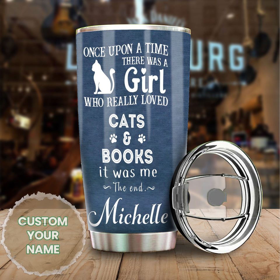 Camellia Personalized Sleeping Cat Once Upon A Time There Was A Girl Who Really Loved Book And Cat Stainless Steel Tumbler - Double-Walled Insulation Vacumm Flask - Gift For Book Lovers, Nerd, Cat Lovers
