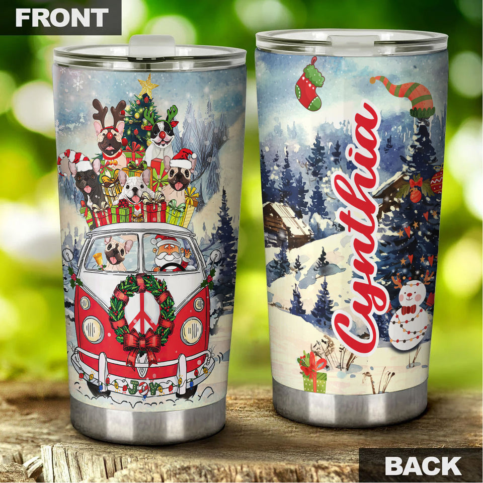 Camellia Personalized Christmas Bulldog Red Truck Stainless Steel Tumbler - Customized Double-Walled Insulation Travel Thermal Cup With Lid