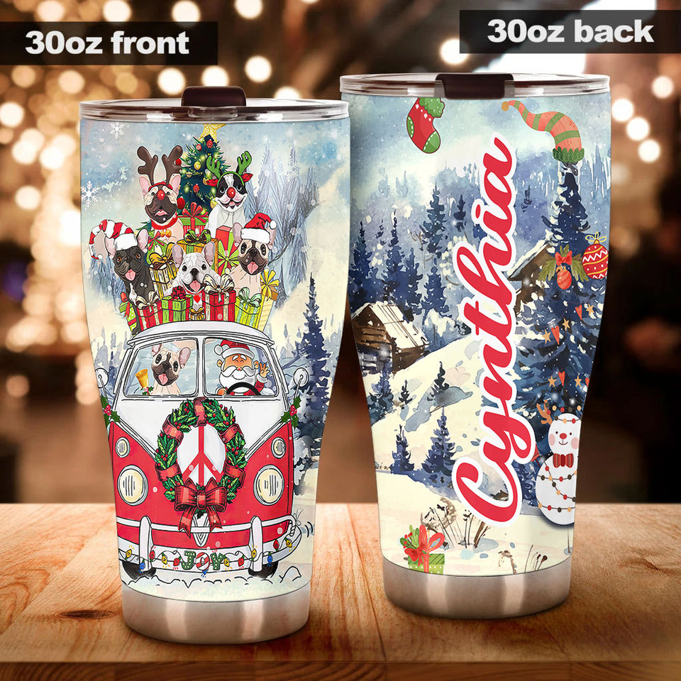 Camellia Personalized Christmas Bulldog Red Truck Stainless Steel Tumbler - Customized Double-Walled Insulation Travel Thermal Cup With Lid