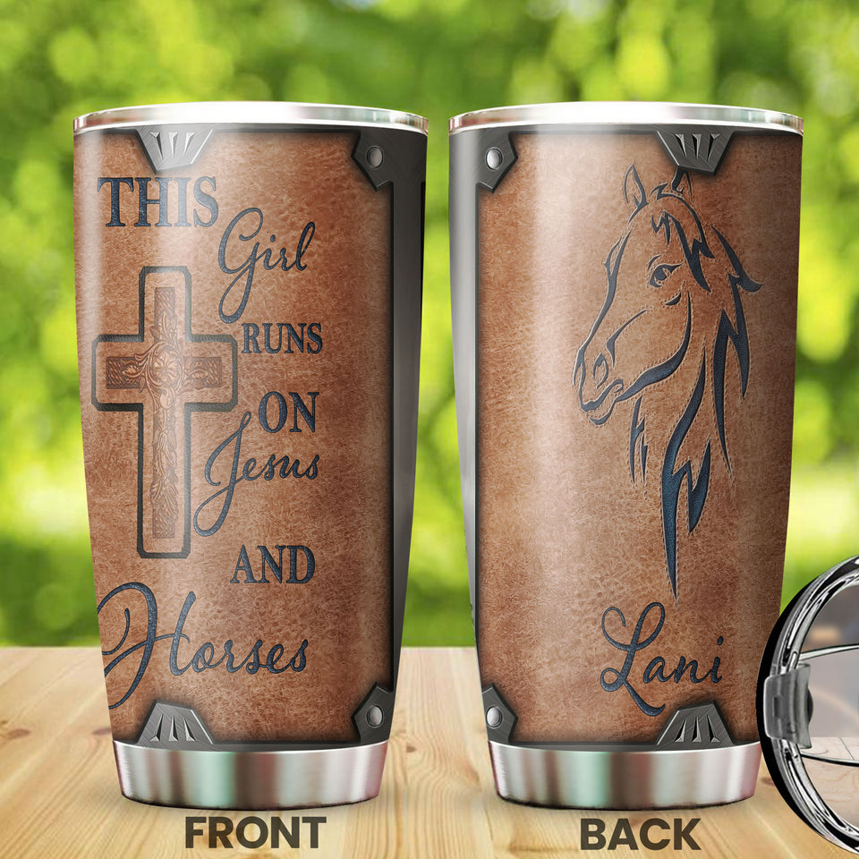 Camellia Personalized Horse This Girl Runs On Jesus And Horse Stainless Steel Tumbler - Double-Walled Insulation Vacumm Flask - Gift For Horse Lovers, Cowgirls, Cowboys, Christmas, Thanksgiving