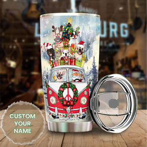 Camellia Personalized Christmas Bulldog Red Truck Stainless Steel Tumbler - Customized Double-Walled Insulation Travel Thermal Cup With Lid
