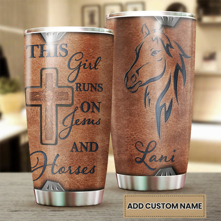 Camellia Personalized Horse This Girl Runs On Jesus And Horse Stainless Steel Tumbler - Double-Walled Insulation Vacumm Flask - Gift For Horse Lovers, Cowgirls, Cowboys, Christmas, Thanksgiving