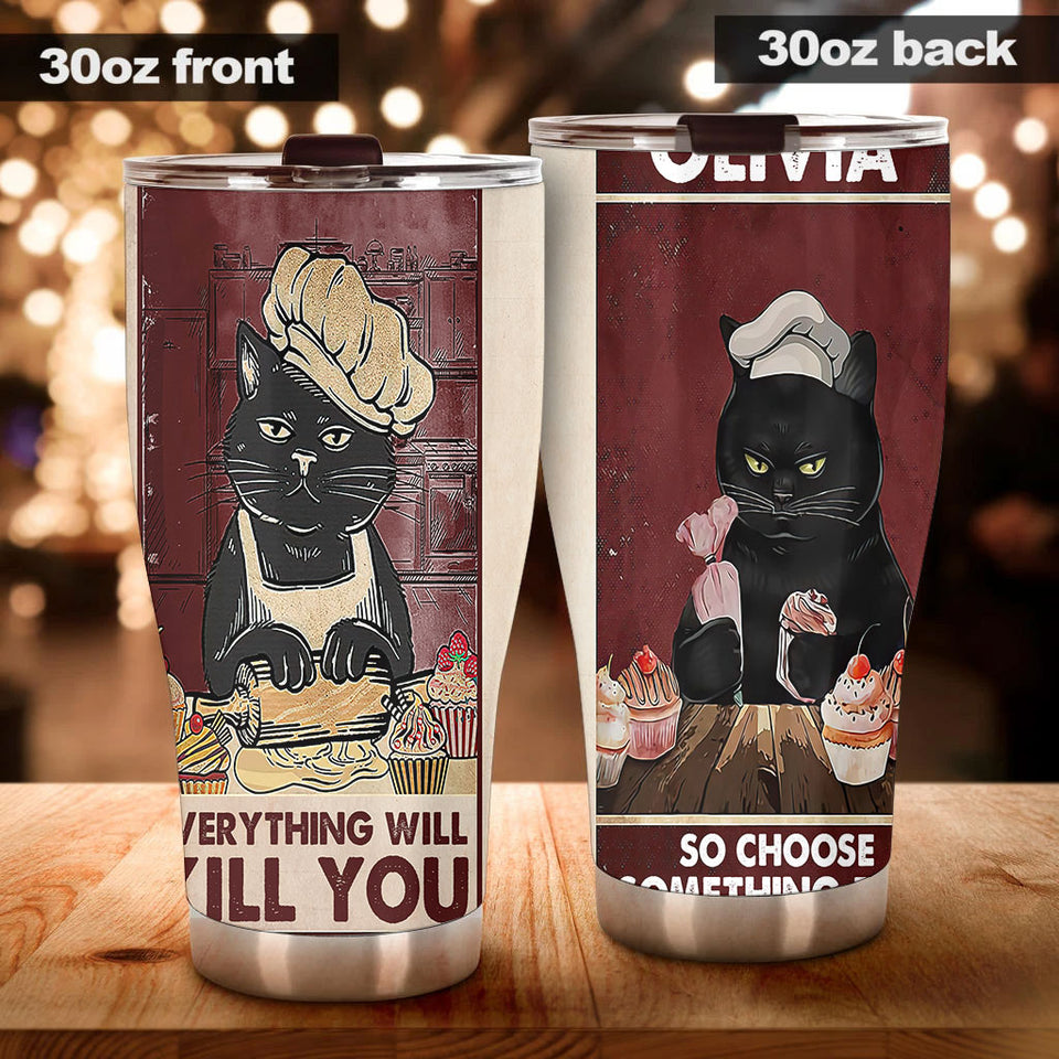 Camellia Personalized Baking Choose Something Fun Stainless Steel Tumbler - Double-Walled Insulation Vacumm Flask - Gift For Black Cat Lovers, Black Cat Day, Baking Fans