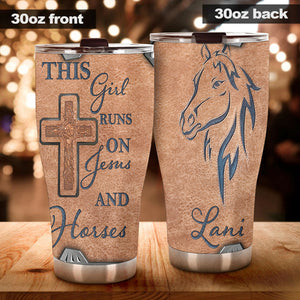 Camellia Personalized Horse This Girl Runs On Jesus And Horse Stainless Steel Tumbler - Double-Walled Insulation Vacumm Flask - Gift For Horse Lovers, Cowgirls, Cowboys, Christmas, Thanksgiving
