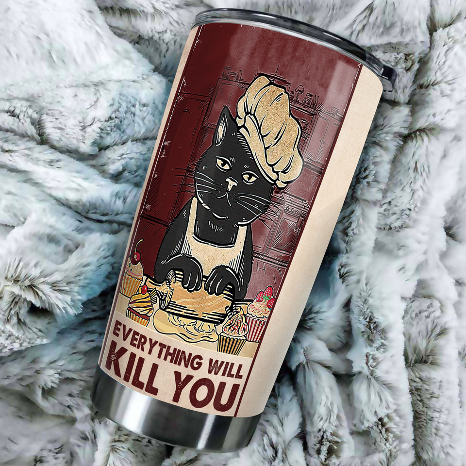 Camellia Personalized Baking Choose Something Fun Stainless Steel Tumbler - Double-Walled Insulation Vacumm Flask - Gift For Black Cat Lovers, Black Cat Day, Baking Fans
