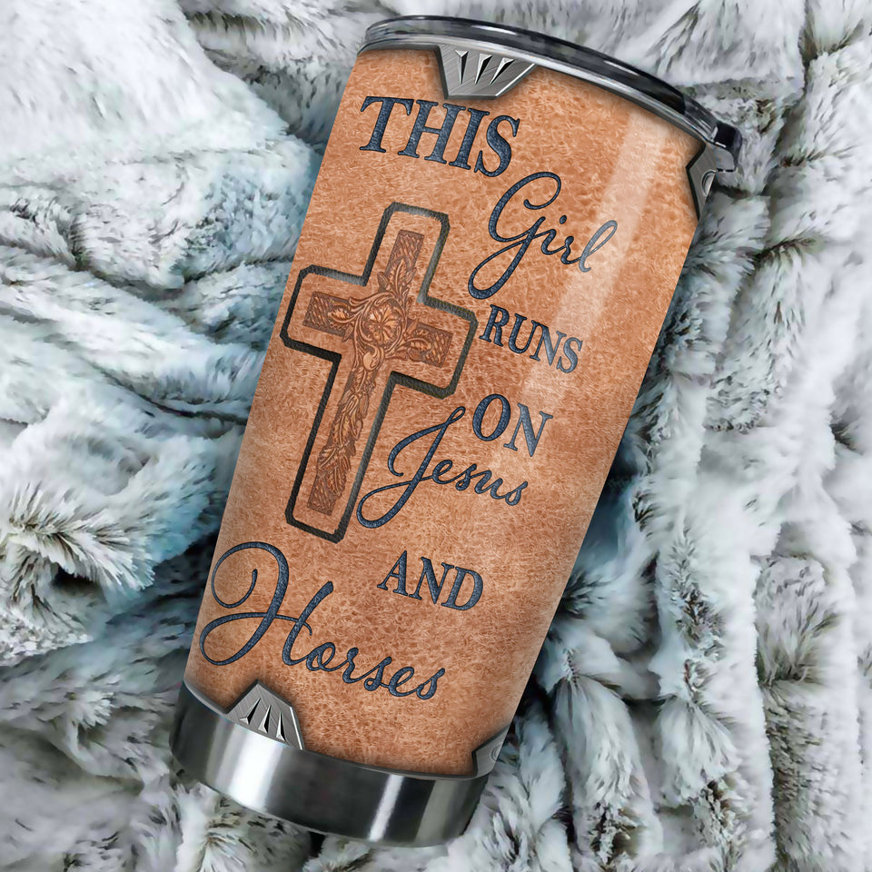 Camellia Personalized Horse This Girl Runs On Jesus And Horse Stainless Steel Tumbler - Double-Walled Insulation Vacumm Flask - Gift For Horse Lovers, Cowgirls, Cowboys, Christmas, Thanksgiving