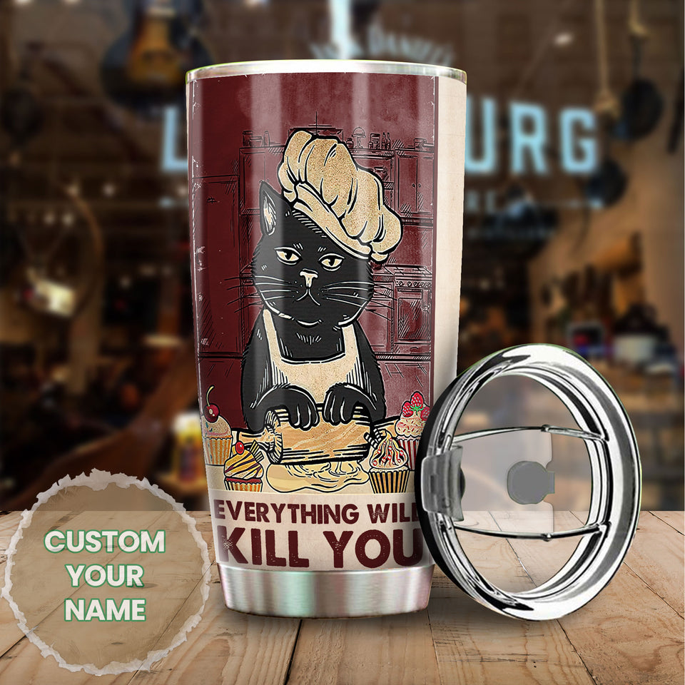 Camellia Personalized Baking Choose Something Fun Stainless Steel Tumbler - Double-Walled Insulation Vacumm Flask - Gift For Black Cat Lovers, Black Cat Day, Baking Fans