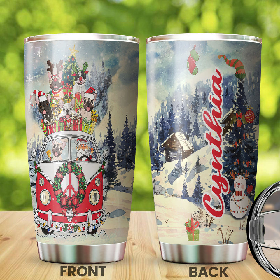 Camellia Personalized Christmas Bulldog Red Truck Stainless Steel Tumbler - Customized Double-Walled Insulation Travel Thermal Cup With Lid
