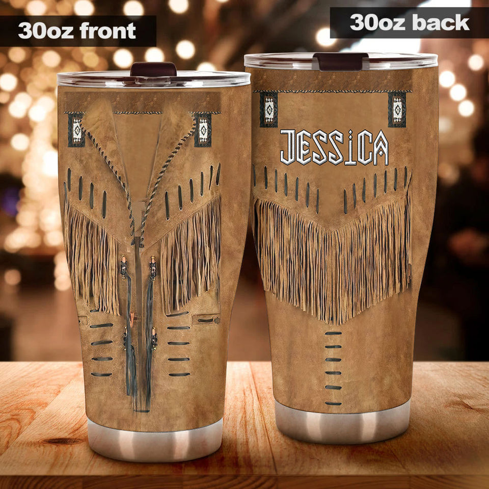 Camellia Personalized Native American Outfit Leather Style Stainless Steel Tumbler-Double-Walled Insulation Travel Cup With Lid