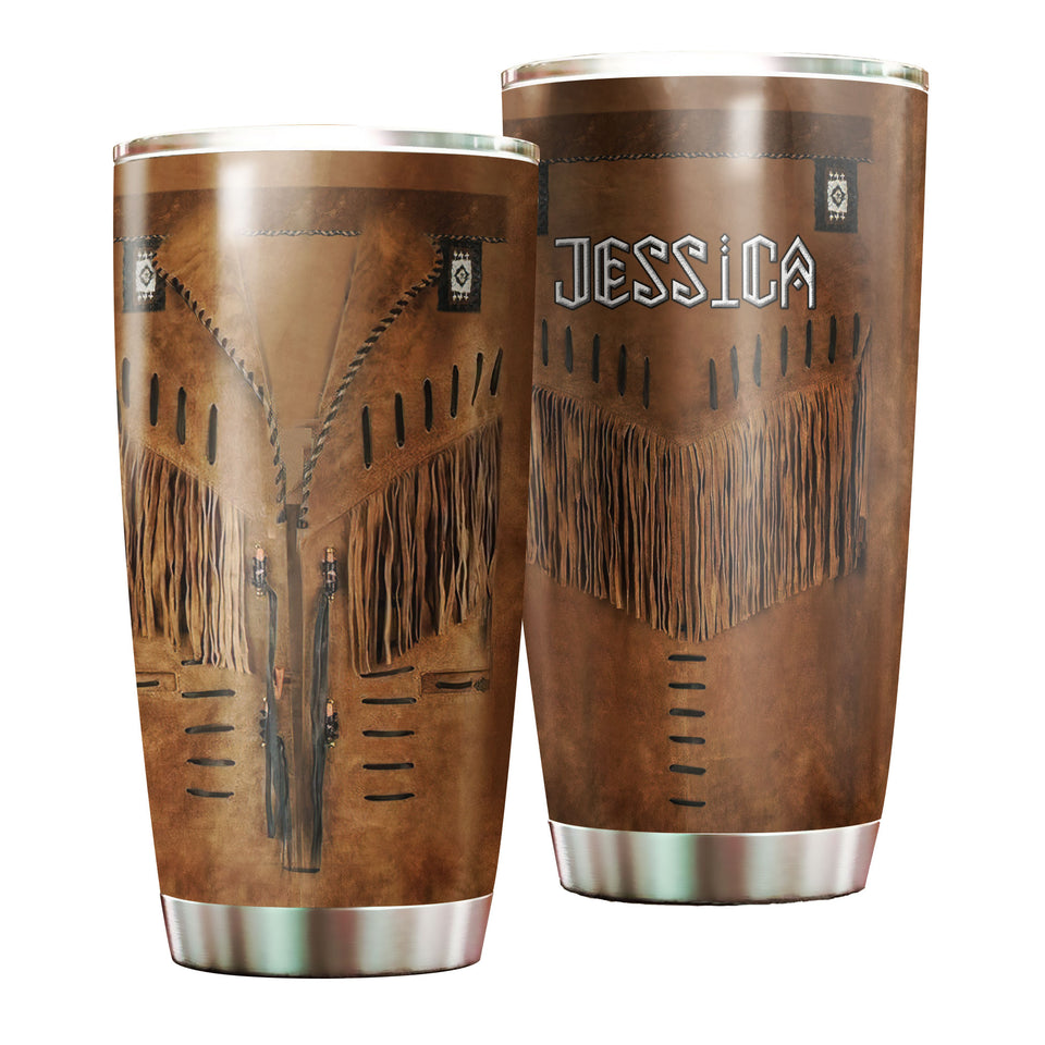 Camellia Personalized Native American Outfit Leather Style Stainless Steel Tumbler-Double-Walled Insulation Travel Cup With Lid