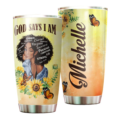 Camellia Persionalized 3D God Say I Am Stainless Steel Tumbler - Customized Double - Walled Insulation Travel Thermal Cup With Lid Gift For Christian Black Queen