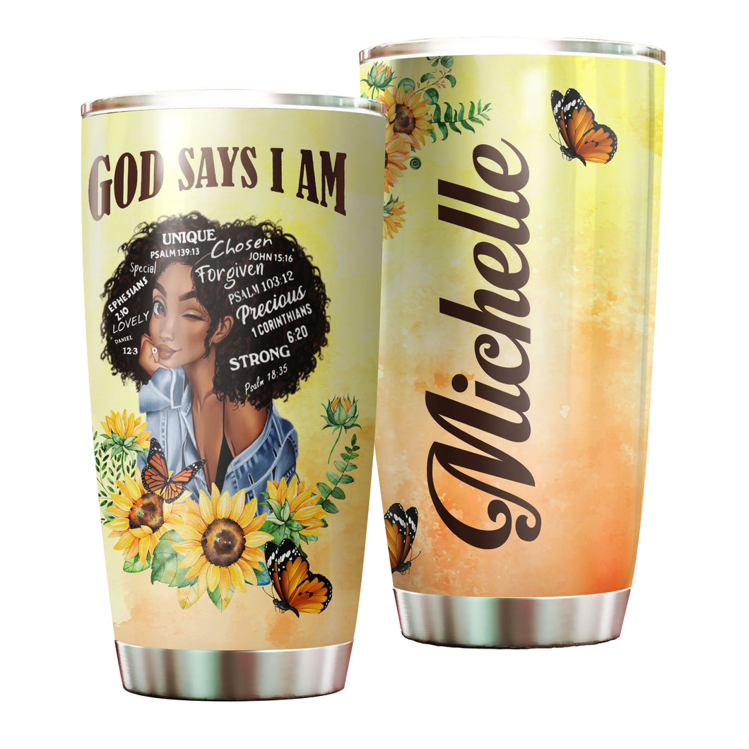 Camellia Persionalized 3D God Say I Am Stainless Steel Tumbler - Customized Double - Walled Insulation Travel Thermal Cup With Lid Gift For Christian Black Queen