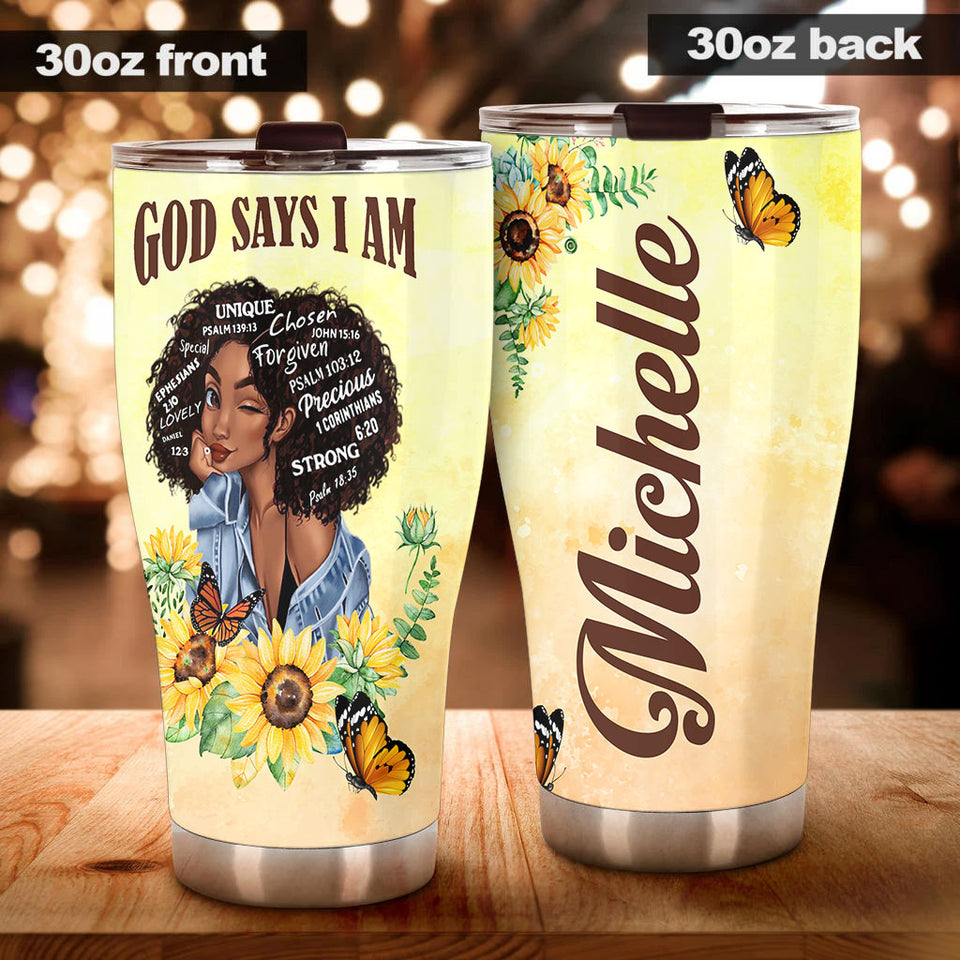 Camellia Persionalized 3D God Say I Am Stainless Steel Tumbler - Customized Double - Walled Insulation Travel Thermal Cup With Lid Gift For Christian Black Queen