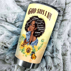 Camellia Persionalized 3D God Say I Am Stainless Steel Tumbler - Customized Double - Walled Insulation Travel Thermal Cup With Lid Gift For Christian Black Queen