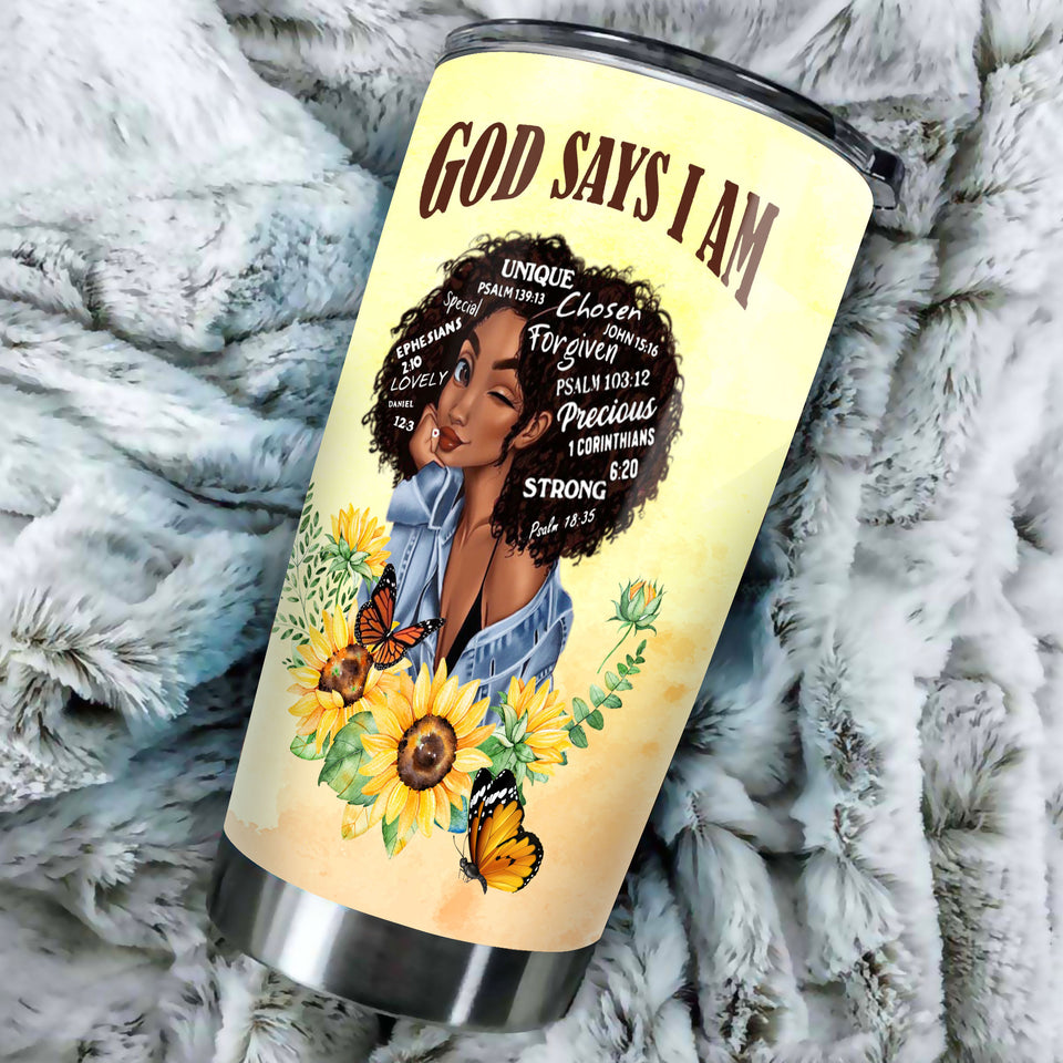 Camellia Persionalized 3D God Say I Am Stainless Steel Tumbler - Customized Double - Walled Insulation Travel Thermal Cup With Lid Gift For Christian Black Queen