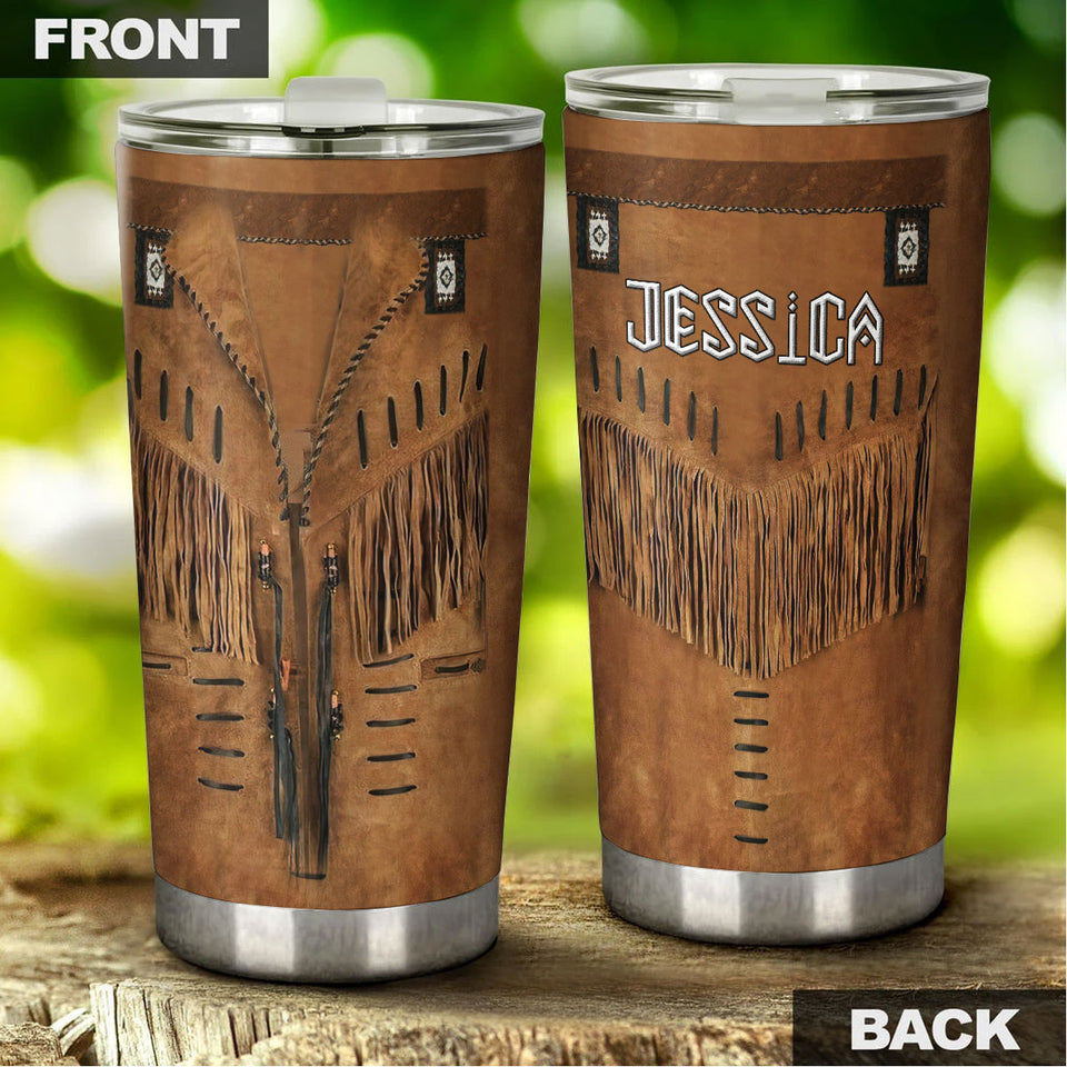 Camellia Personalized Native American Outfit Leather Style Stainless Steel Tumbler-Double-Walled Insulation Travel Cup With Lid