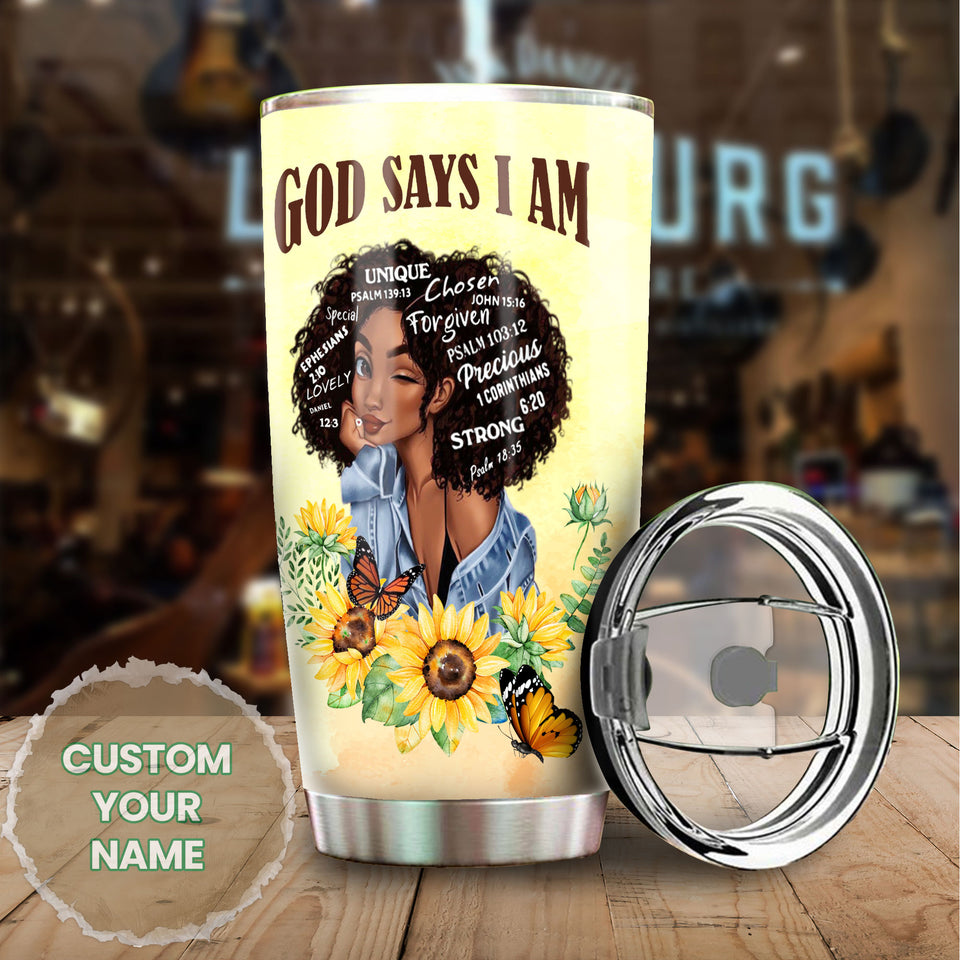 Camellia Persionalized 3D God Say I Am Stainless Steel Tumbler - Customized Double - Walled Insulation Travel Thermal Cup With Lid Gift For Christian Black Queen