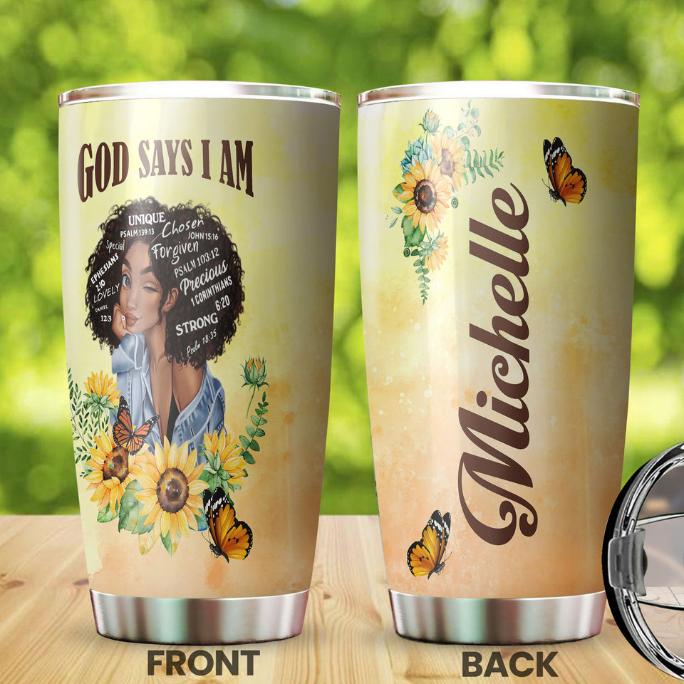 Camellia Persionalized 3D God Say I Am Stainless Steel Tumbler - Customized Double - Walled Insulation Travel Thermal Cup With Lid Gift For Christian Black Queen