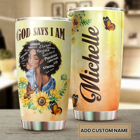 Camellia Persionalized 3D God Say I Am Stainless Steel Tumbler - Customized Double - Walled Insulation Travel Thermal Cup With Lid Gift For Christian Black Queen