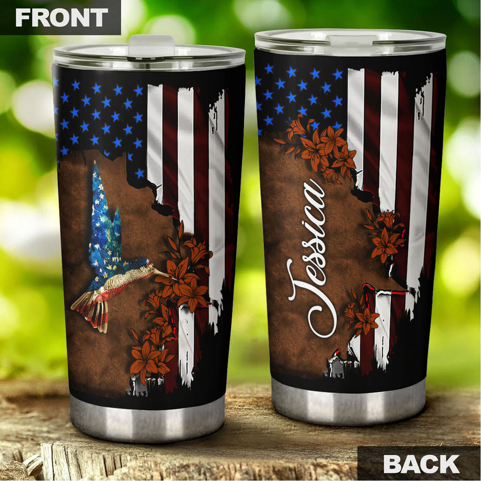 Camellia Personalized American Flag Hummingbird Stainless Steel Tumbler - Double-Walled Insulation Vacumm Flask - Gift For Christmas, Birthday
