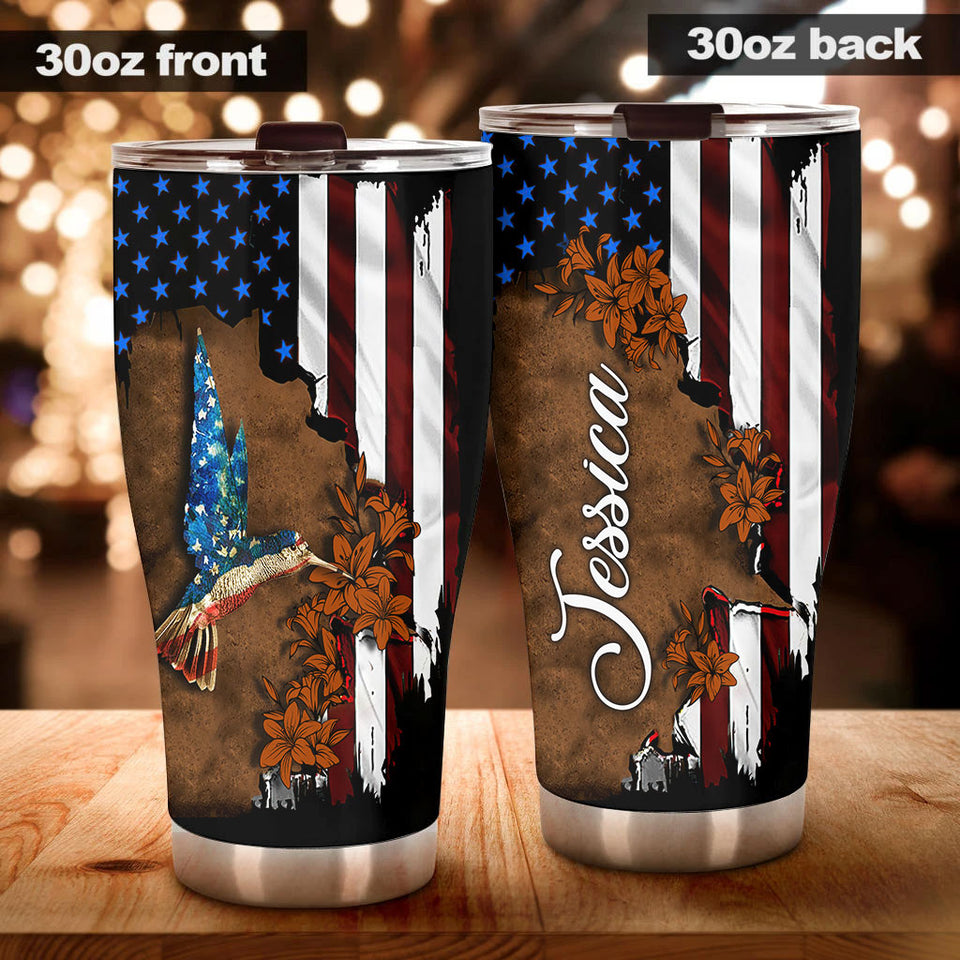 Camellia Personalized American Flag Hummingbird Stainless Steel Tumbler - Double-Walled Insulation Vacumm Flask - Gift For Christmas, Birthday