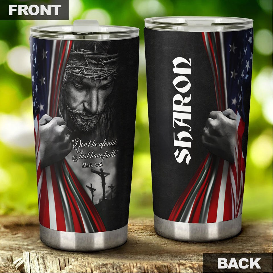 Camellia Personalized God And American Flag Don't Be Afraid Stainless Steel Tumbler-Thermal Flask Travel Therma Cup With Lid