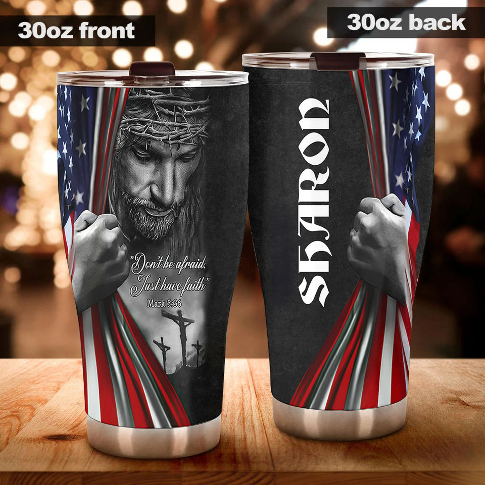 Camellia Personalized God And American Flag Don't Be Afraid Stainless Steel Tumbler-Thermal Flask Travel Therma Cup With Lid