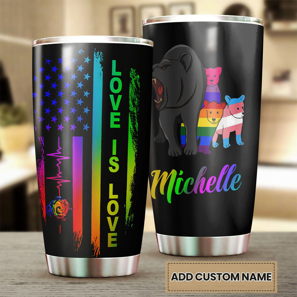 Camellia Persionalized LGBT Bear Love Is Love Stainless Steel Tumbler - Customized Double - Walled Insulation Travel Thermal Cup With Lid