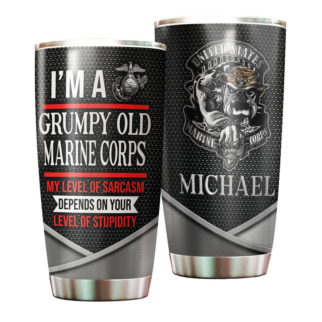 Camellia Personalized 3D Im A Grumpy Old Marine Corps Stainless Steel Tumbler - Customized Double-Walled Insulation Travel Thermal Cup With Lid