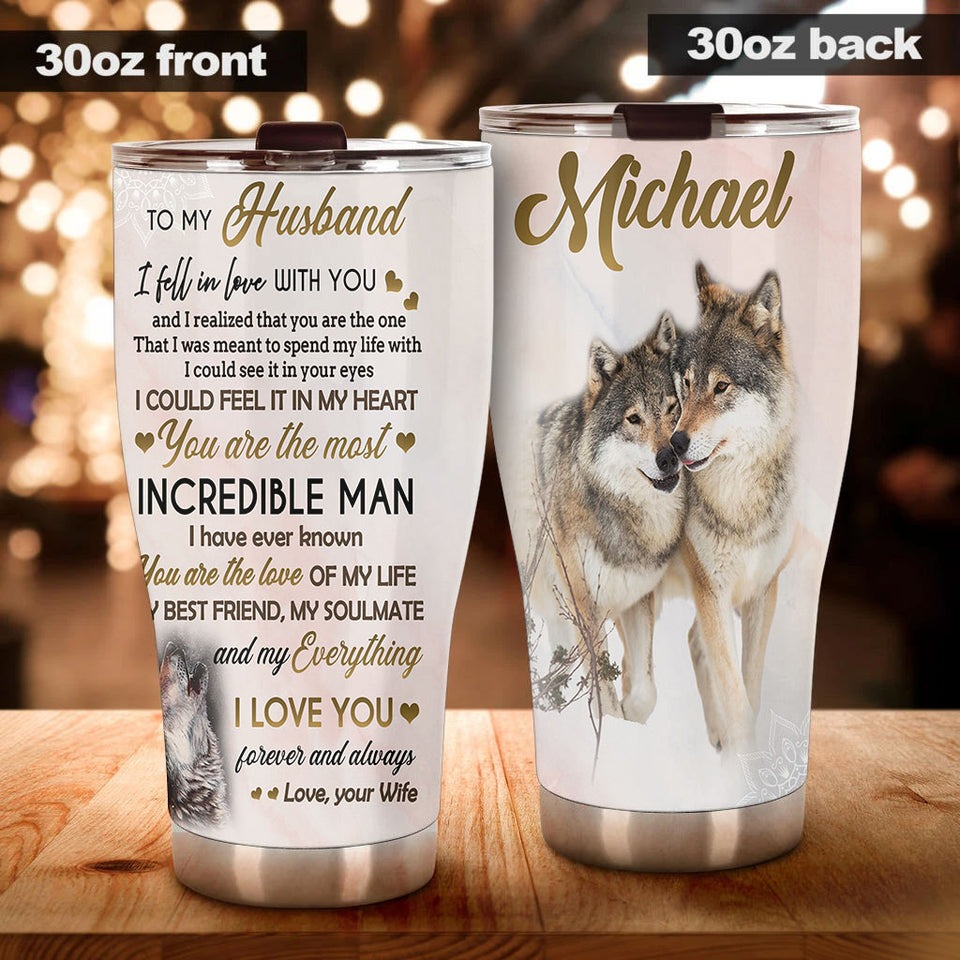 Camellia Persionalized 3D Wolf To My Husband I Love You Forever And Always Stainless Steel Tumbler - Customized Double - Walled Insulation Travel Thermal Cup With Lid Gift For Husband Couple