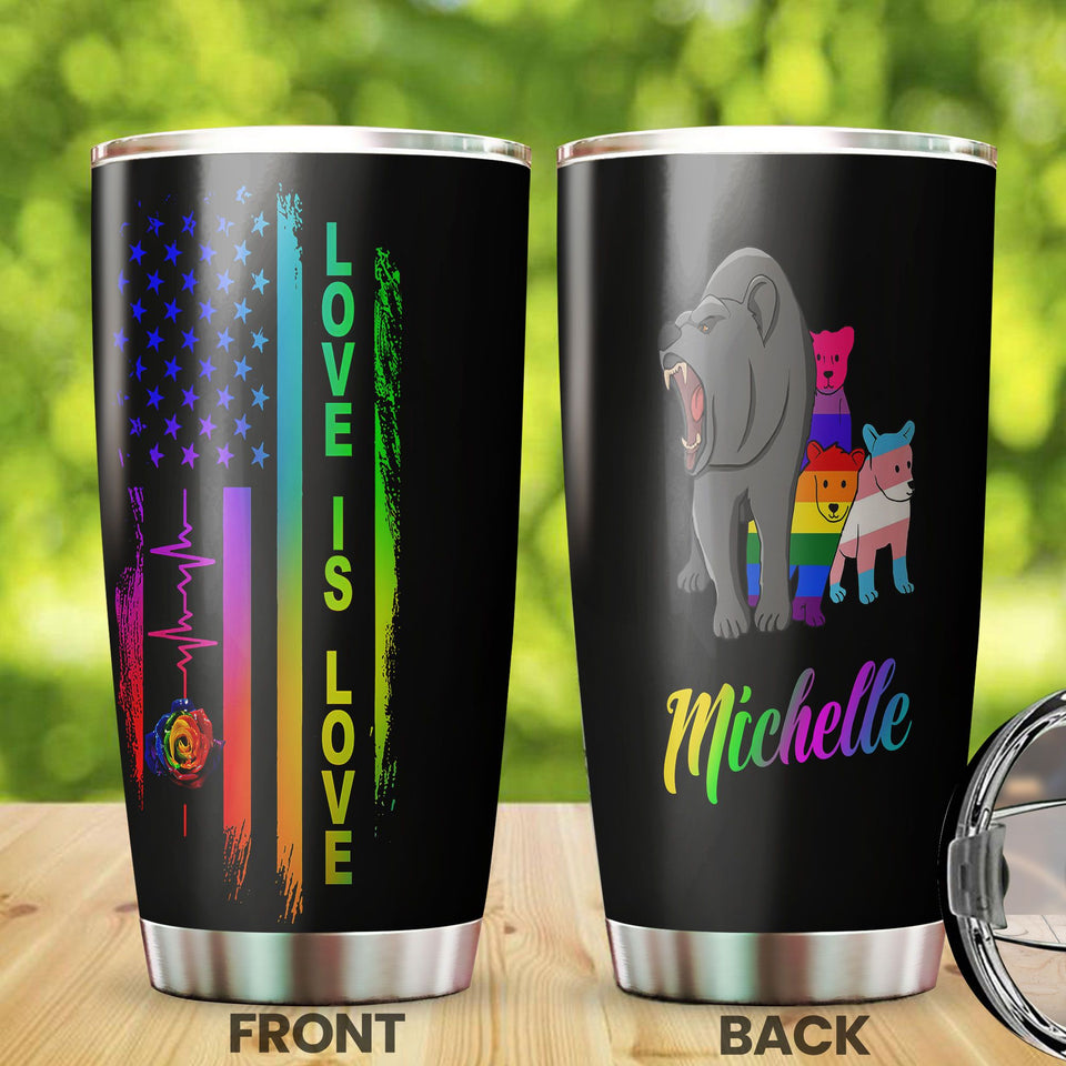 Camellia Persionalized LGBT Bear Love Is Love Stainless Steel Tumbler - Customized Double - Walled Insulation Travel Thermal Cup With Lid