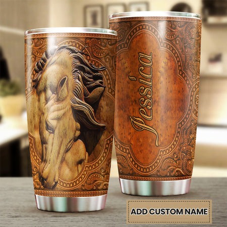 Camellia Personalized Wood Horse Stainless Steel Tumbler - Double-Walled Insulation Vacumm Flask - Gift For Horse Lovers, Cowgirls, Cowboys, Perfect Christmas, Thanksgiving Gift