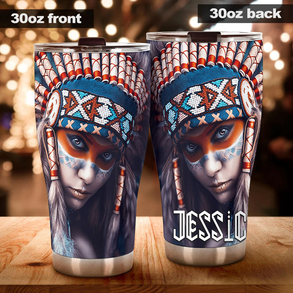 Camellia Personalized Native American Girl Stainless Steel Tumbler-Double-Walled Insulation Cup With Lid Gift For Native American Girl