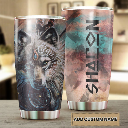 Camellia Persionalized 3D Wolf Dreamcatcher Stainless Steel Tumbler - Customized Double - Walled Insulation Travel Thermal Cup With Lid Gift For Wolf Lover