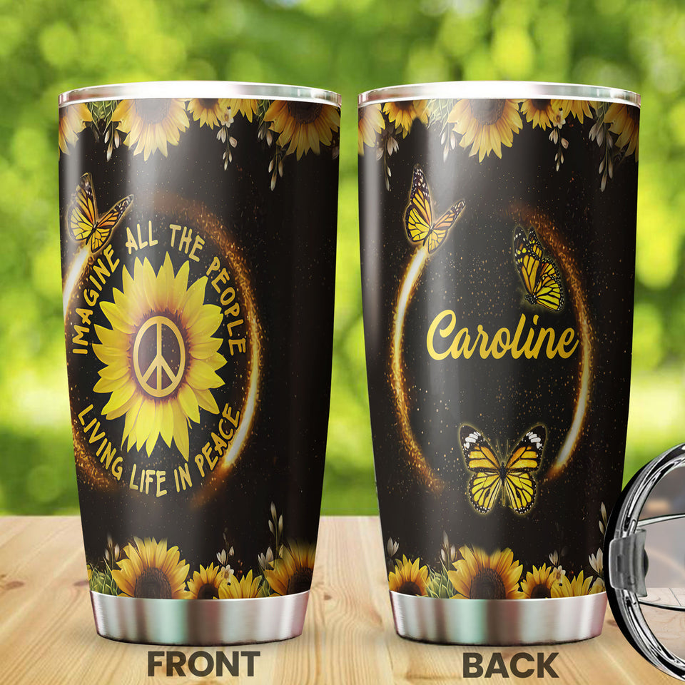 Camellia Personalized Hippie Sunflowers Imagine All The People Living Life In Peace Stainless Steel Tumbler-Double-Walled Insulation Travel Cup With Lid
