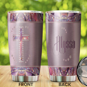 Camellia Personalized God Crystal Cross Stainless Steel Tumbler - Customized Double-Walled Insulation Travel Thermal Cup With Lid Gift For Christian