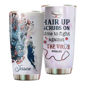 Camellia Personalized Doctor Hair Up Scrups On Time To Fight Against The Virus Stainless Steel Tumbler - Customized Double-Walled Insulation Travel Thermal Cup With Lid