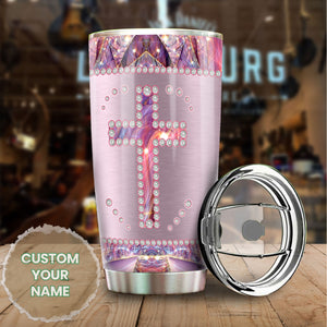 Camellia Personalized God Crystal Cross Stainless Steel Tumbler - Customized Double-Walled Insulation Travel Thermal Cup With Lid Gift For Christian
