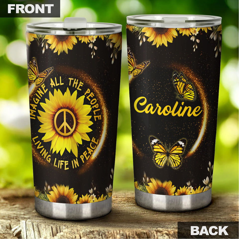 Camellia Personalized Hippie Sunflowers Imagine All The People Living Life In Peace Stainless Steel Tumbler-Double-Walled Insulation Travel Cup With Lid