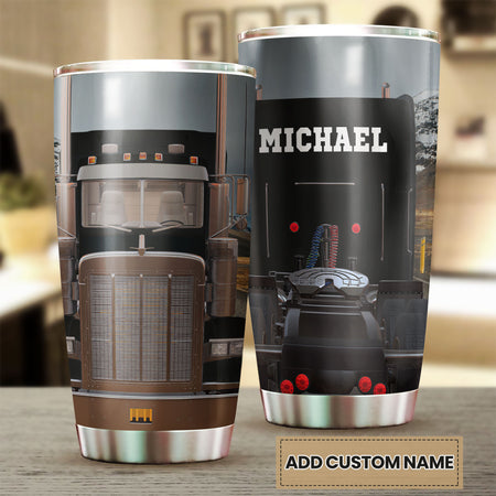 Camellia Personalized Black Truck Stainless Steel Tumbler - Double-Walled Insulation Vacumm Flask - Gift For Truck Drivers