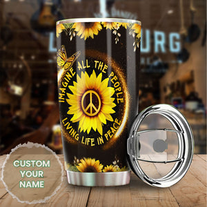 Camellia Personalized Hippie Sunflowers Imagine All The People Living Life In Peace Stainless Steel Tumbler-Double-Walled Insulation Travel Cup With Lid