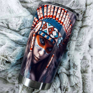 Camellia Personalized Native American Girl Stainless Steel Tumbler-Double-Walled Insulation Cup With Lid Gift For Native American Girl