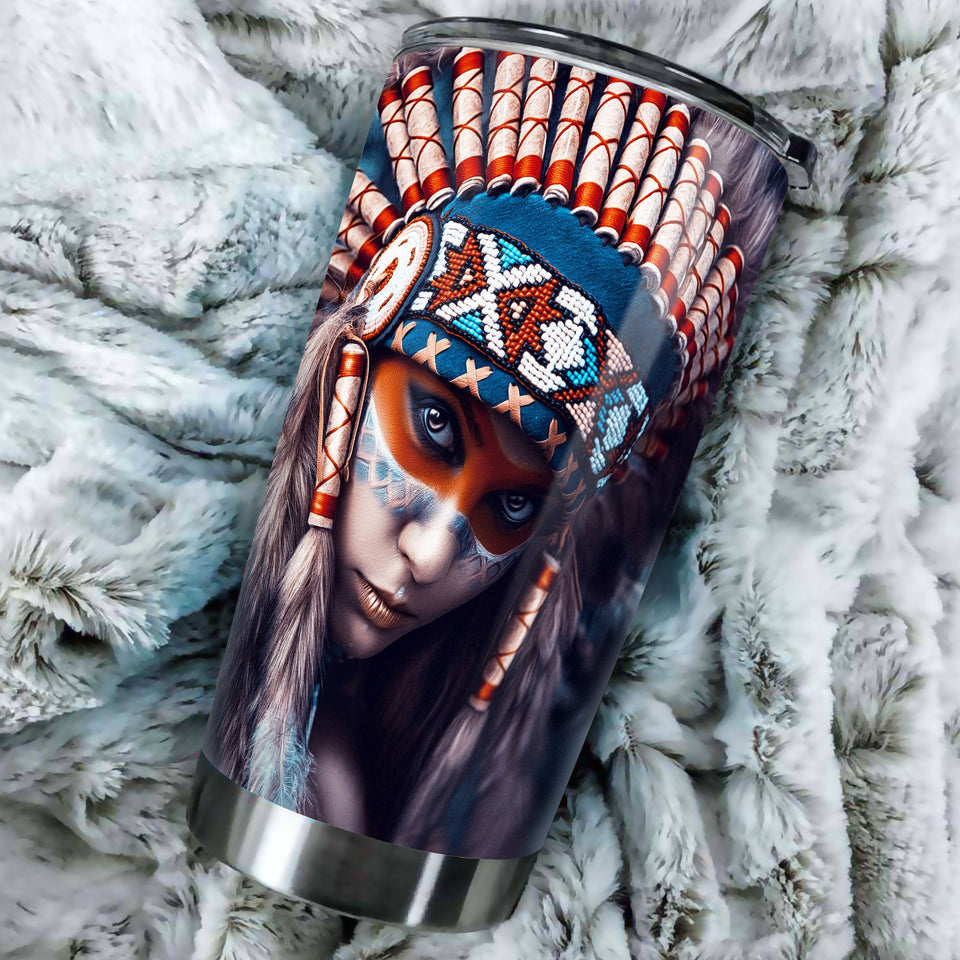 Camellia Personalized Native American Girl Stainless Steel Tumbler-Double-Walled Insulation Cup With Lid Gift For Native American Girl