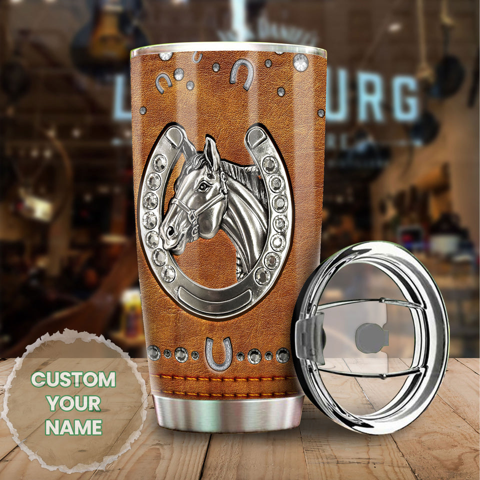 Camellia Personalized Horse Jewelry Leather Style Stainless Steel Tumbler - Double-Walled Insulation Vacumm Flask - Gift For Horse Lovers, Cowgirls, Cowboys, Perfect Christmas, Thanksgiving Gift