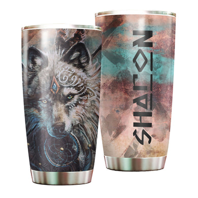 Camellia Persionalized 3D Wolf Dreamcatcher Stainless Steel Tumbler - Customized Double - Walled Insulation Travel Thermal Cup With Lid Gift For Wolf Lover