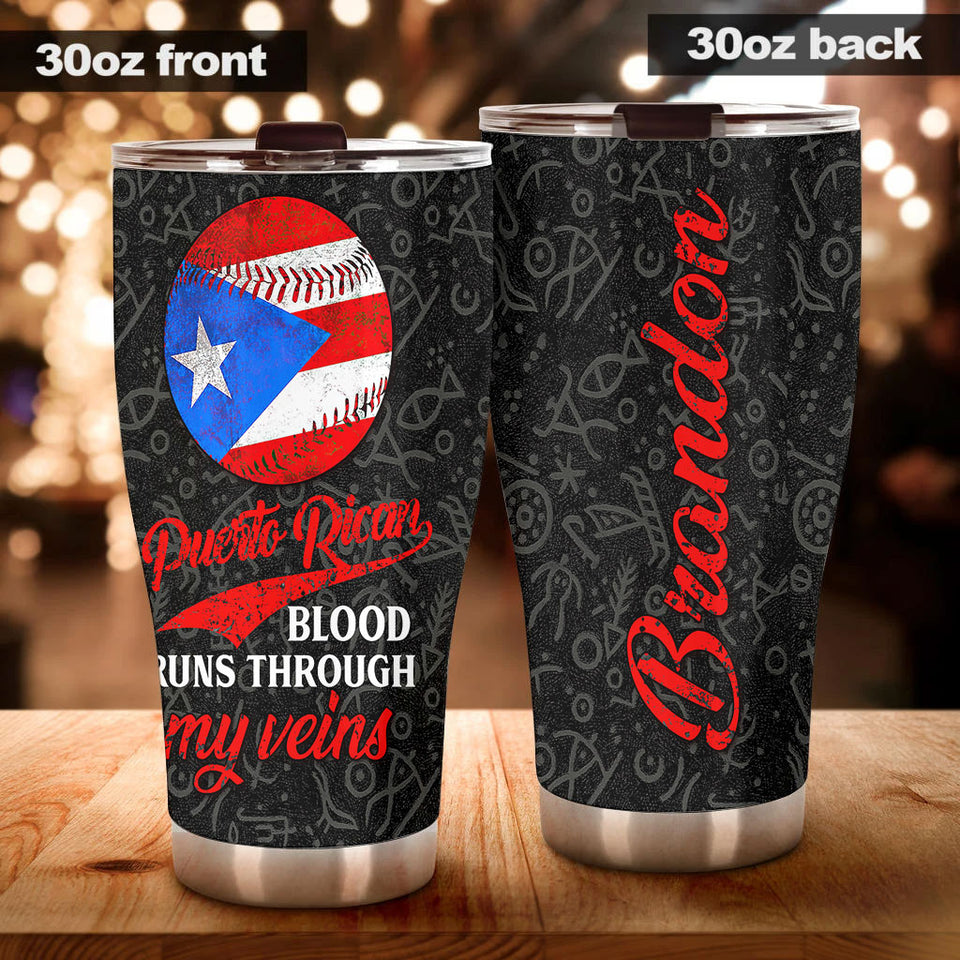 Camellia Persionalized Basketball Puerto Rican Blood Through My Veins Stainless Steel Tumbler - Customized Double - Walled Insulation Travel Thermal Cup With Lid