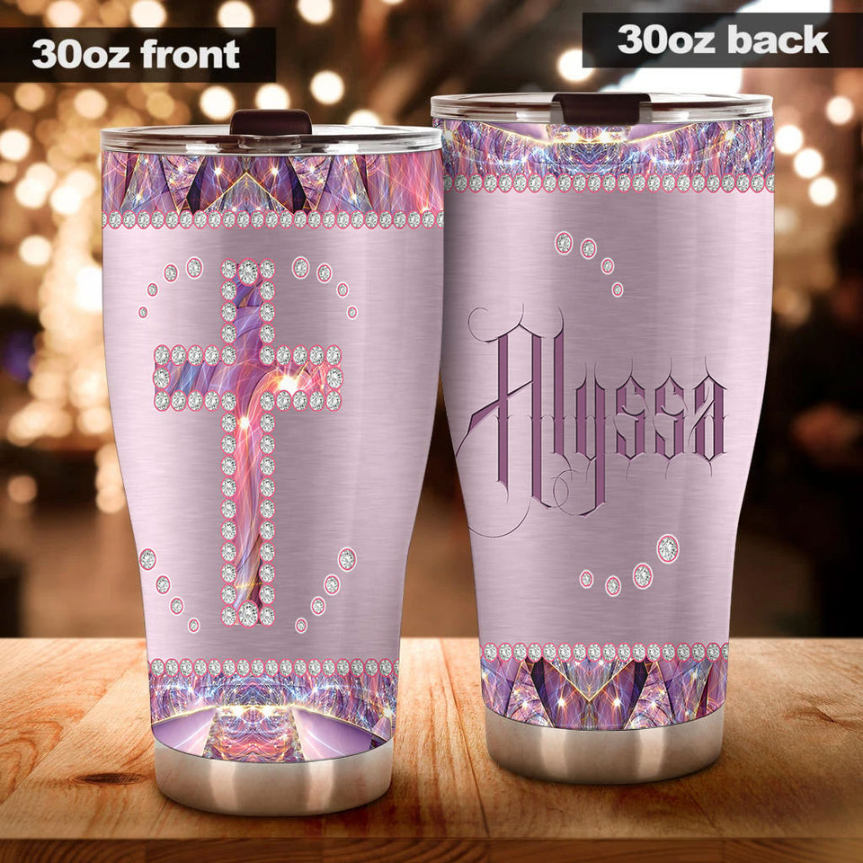 Camellia Personalized God Crystal Cross Stainless Steel Tumbler - Customized Double-Walled Insulation Travel Thermal Cup With Lid Gift For Christian