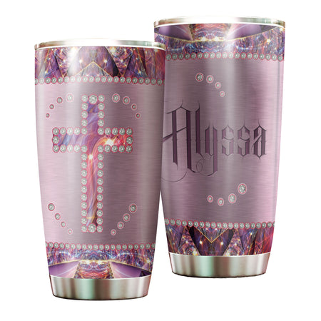 Camellia Personalized God Crystal Cross Stainless Steel Tumbler - Customized Double-Walled Insulation Travel Thermal Cup With Lid Gift For Christian